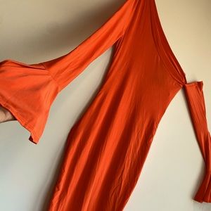 Flare sleeve bright orange scrunch up one shoulder vacation dress